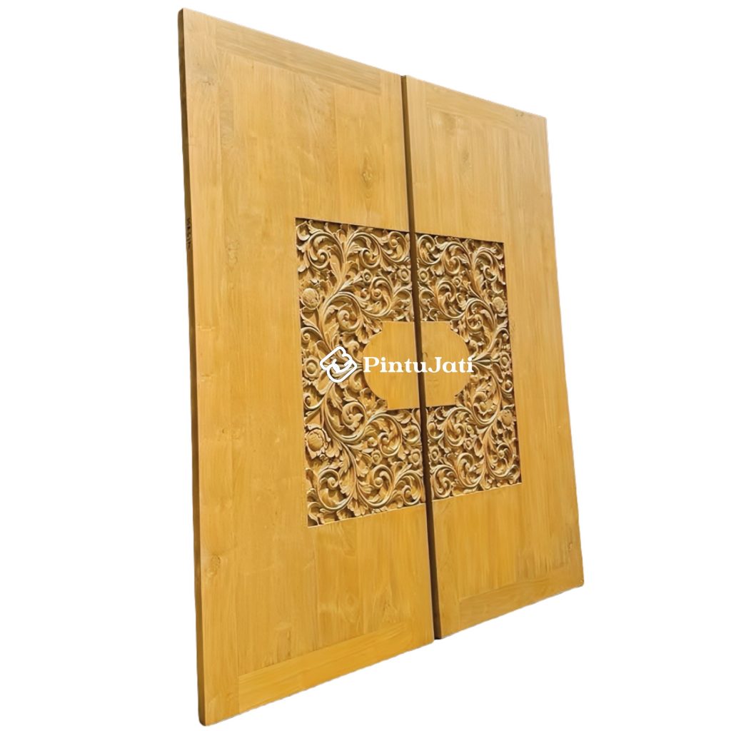 Pintu Utama Minimalis Jati Tua Kombinasi Ukiran Klasik