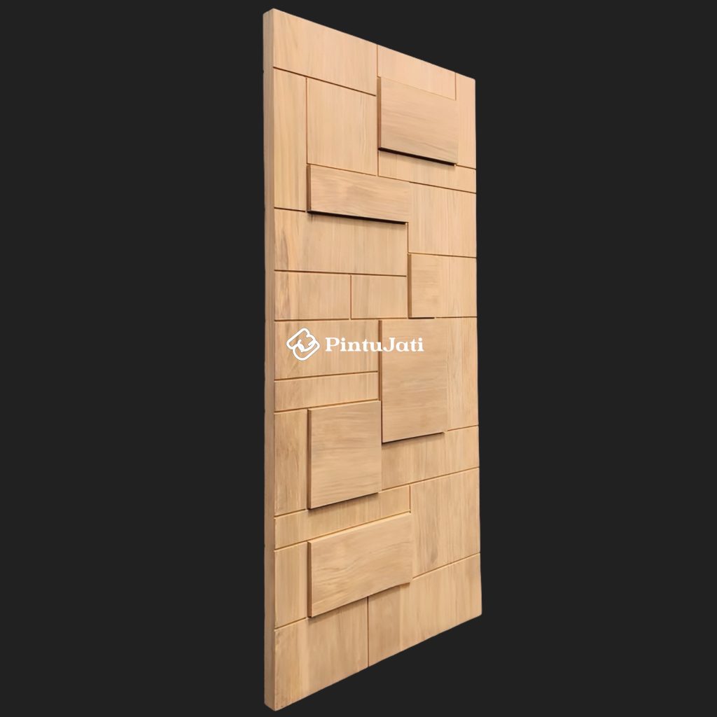 Pintu Utama 1 Daun Minimalis Simple Urat Kayu Jati Super Dengan Pola Estetik Dan Presisi