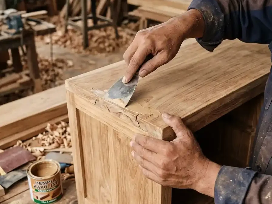 Proses Dempul Kayu Jati